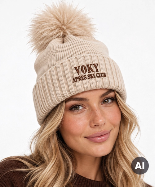 Kvinna med en beige mössa i studiomiljö.